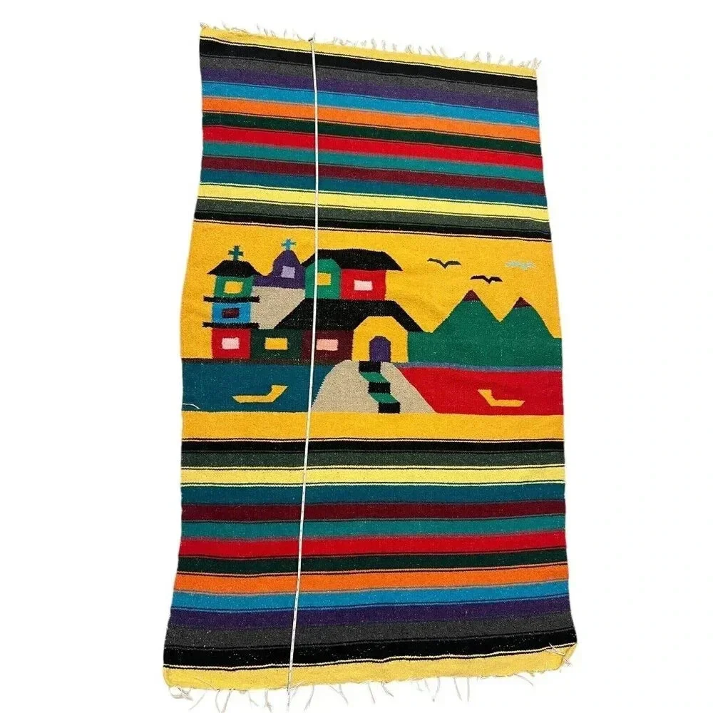 VTG Southwest Tapestry Woven Blanket Church Town Birds Pueblo Mexico Color Block